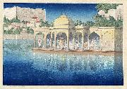 Charles W. Bartlett, Prayers at Sunset, Udaipur, India, woodblock print by Charles W. Bartlett, 1919, Honolulu Academy of Arts